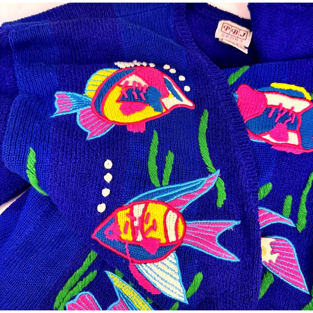 Vtg PBJ Sport Cardigan Sweater Embroidered Ocean Fish Sz S/P Quirky 90s Kidcore - Picture 12 of 16